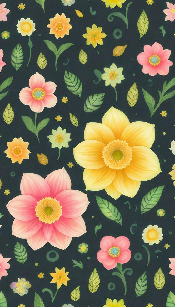 Seamless whimsical watercolor daffodils pattern. AI-Generative photo