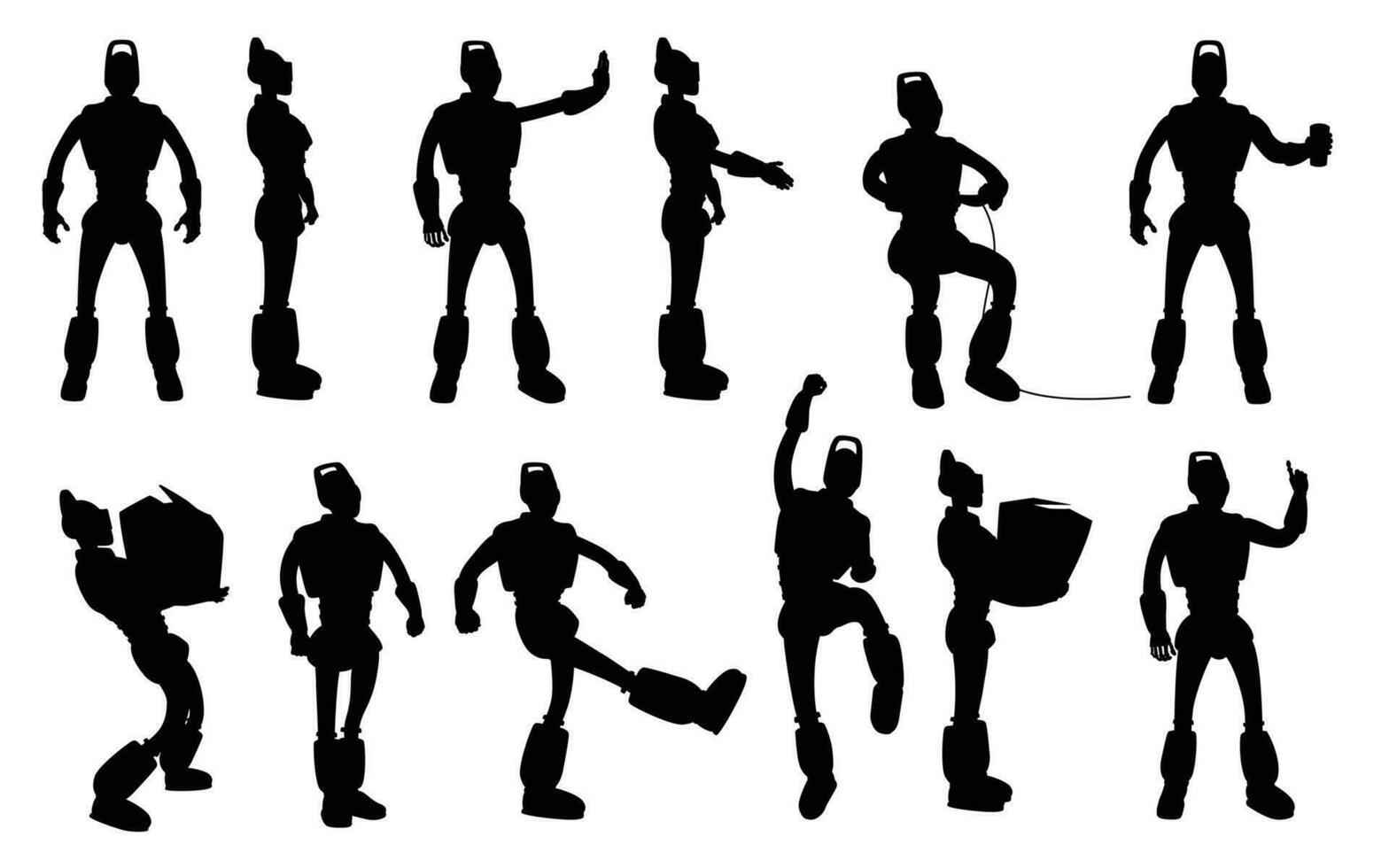 robot silhouettes set in different poses on white background vector