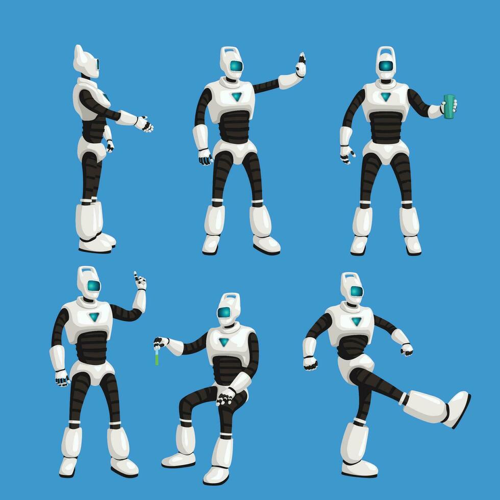 robot set in different poses on blue vector