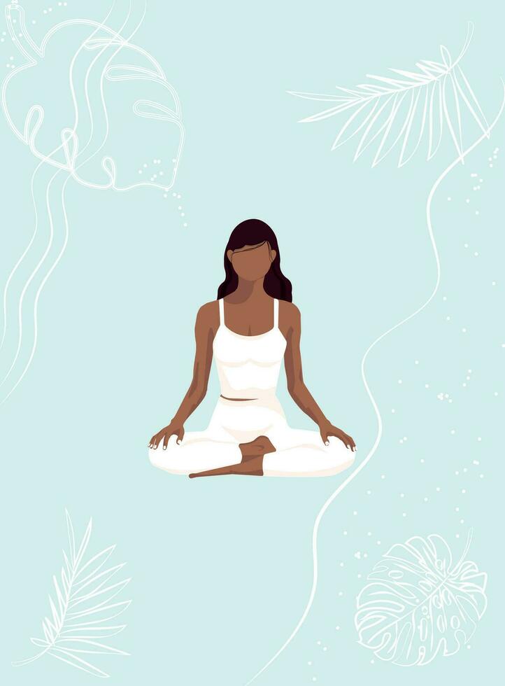 The woman is meditating. A young girl is doing yoga. Flat style illustration for yoga center, fitness, sports club or web banner or poster. Lotus position vector illustration