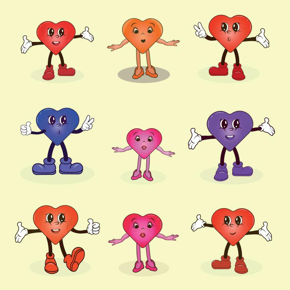 Groovy hippie love sticker set. Retro happy Valentines day. Comic happy heart character in trendy retro 60s 70s cartoon style. Retro characters and elements. vector