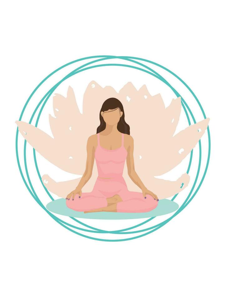 The woman is meditating. A young girl is doing yoga. Flat style illustration for yoga center, fitness, sports club or web banner or poster. Lotus position vector illustration