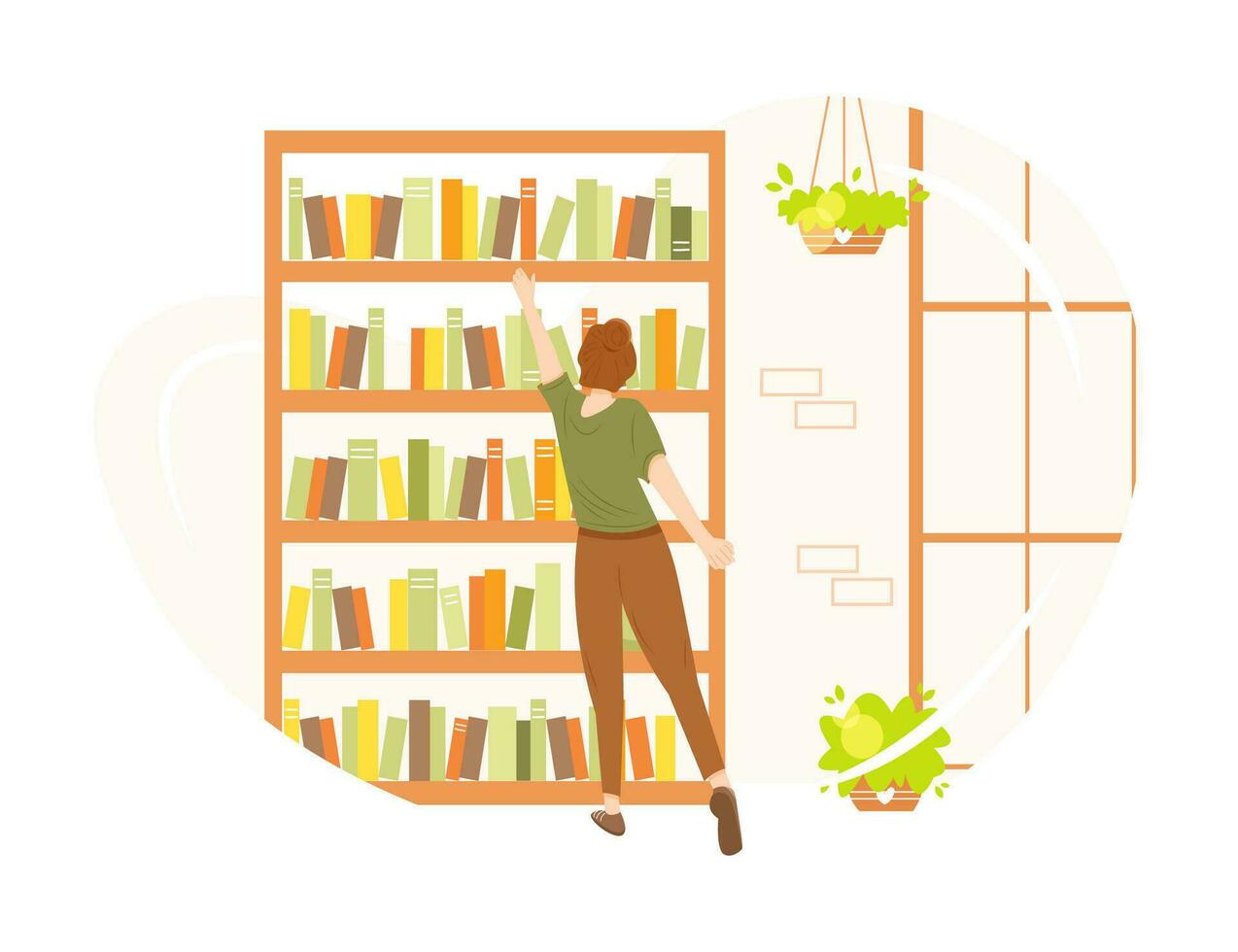 Girl choosing a book in a cozy bookstore or library. Vector illustration in flat cartoon style isolated on white background. Concept of reading and education