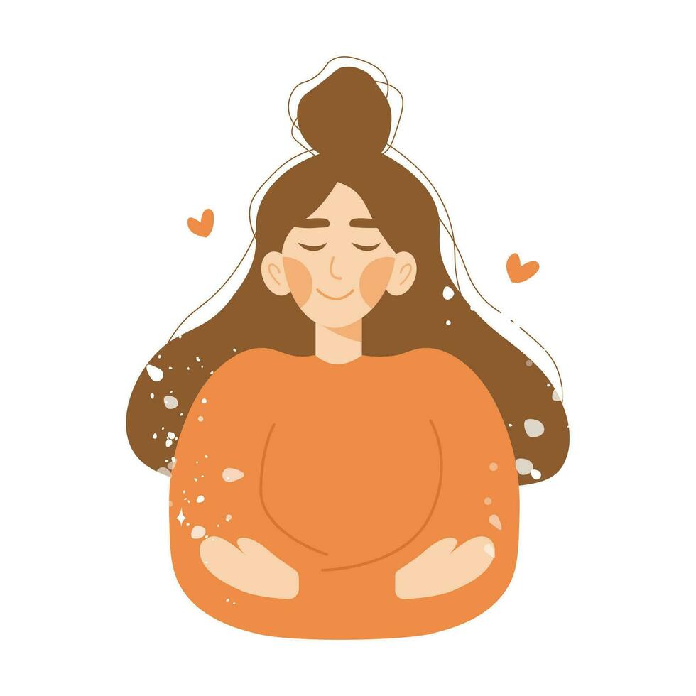 Happy smiling girl hugging herself. Love yourself, self-acceptance, body positive and mental health concept. Hand drawn flat cartoon vector illustration isolated on white background