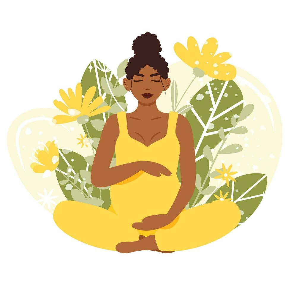 hermosa embarazada negro mujer meditando y abrazos su barriga. plano dibujos animados vector ilustración. concepto de sano el embarazo, maternidad y prenatal yoga