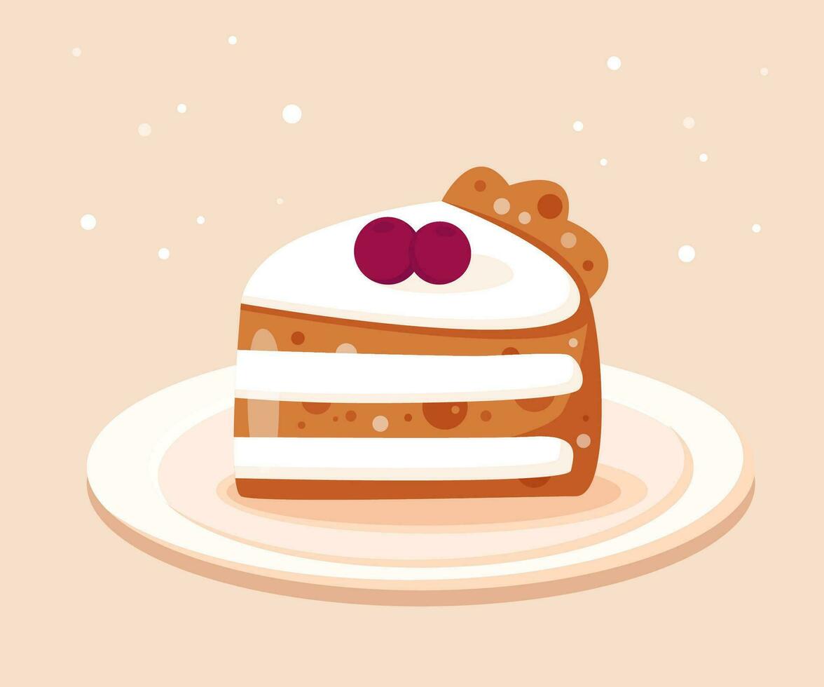 Cute piece of cake with berries on plate. Vector illustration in flat cartoon style. Perfect for birthday, wedding or Valentine's day cards, bakery flyers, banners and so on