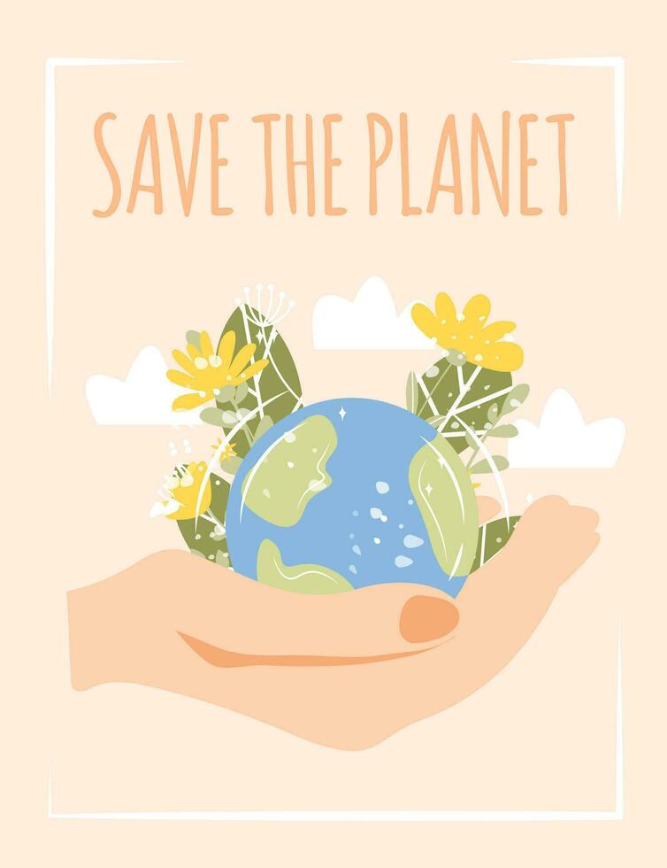 salvar el planeta tarjeta. mano participación tierra globo con flores y nubes vector ilustración en plano dibujos animados estilo. ambiental cuidado y tierra día concepto modelo para tarjetas, pancartas, volantes, carteles