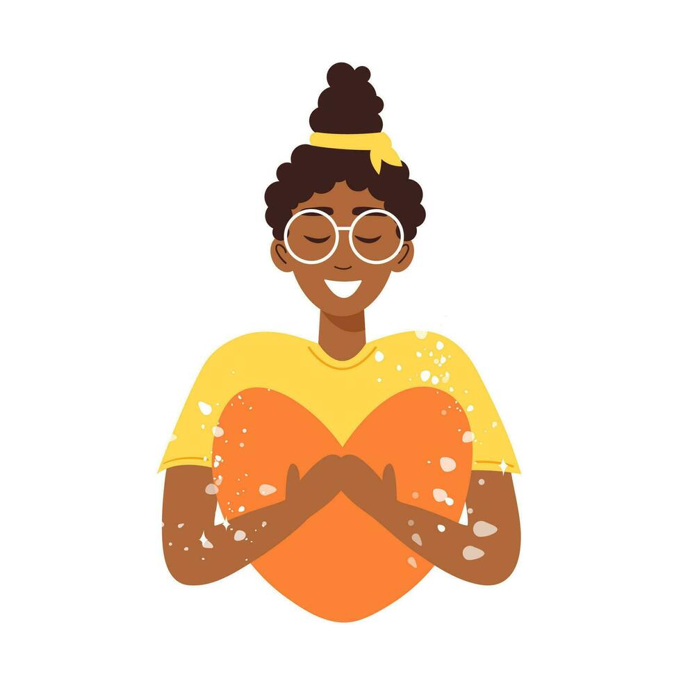 Smiling black woman in glasses hugging heart. Cute vector character in flat cartoon style. Self-love, acceptance and mental health concept