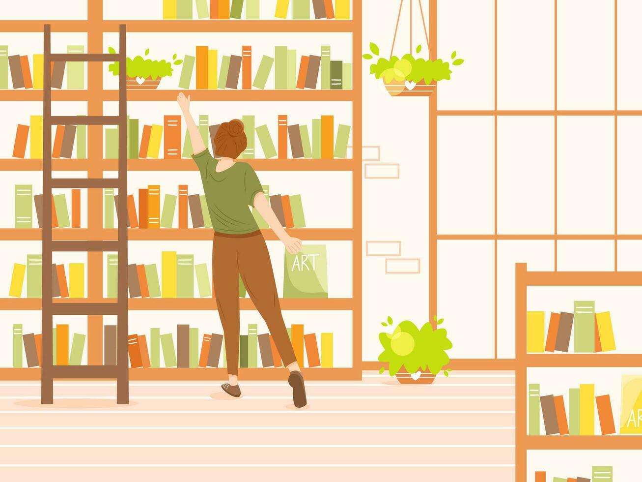 Girl choosing a book in a bookstore or library. Flat cartoon vector illustration. Female character taking book from shelf. Student or bookworm. Concept of reading and education