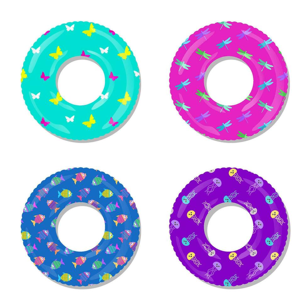 Inflatable colorful swim ring set with animal patterns. Vector design.