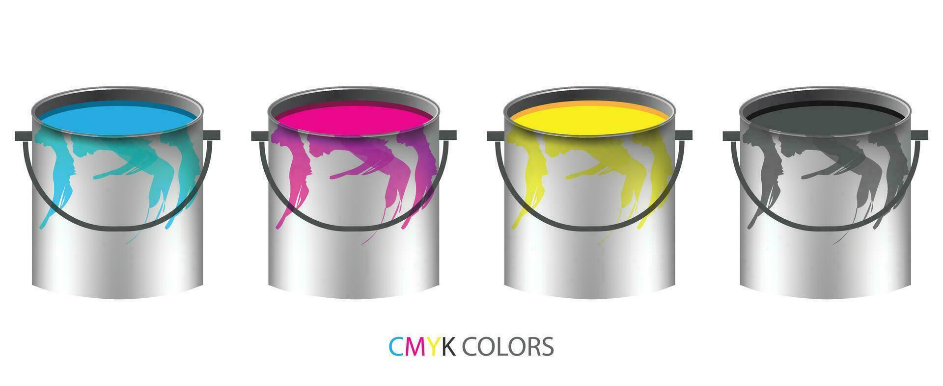 CMYK Color paint buckets with paint isolated on white background. Vector illustration.