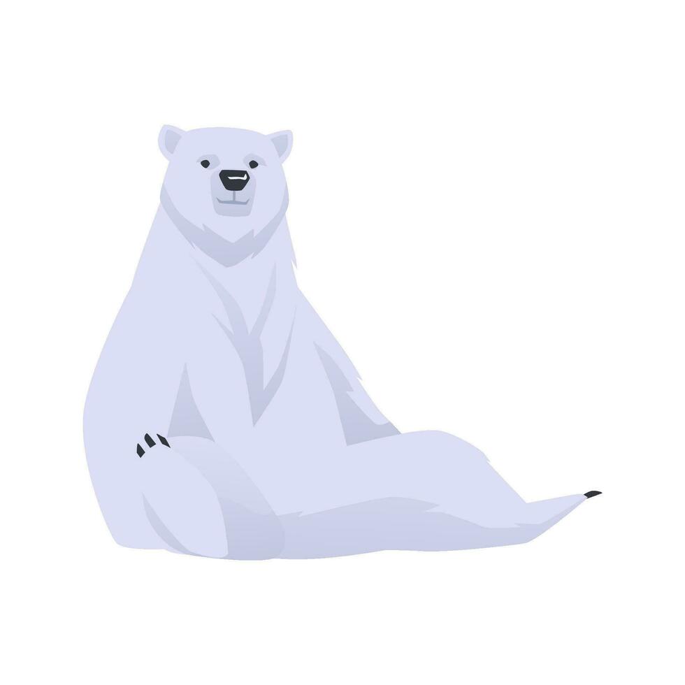 Polar Arctic circle bear animal sitting in funny pose, flat vector isolated.