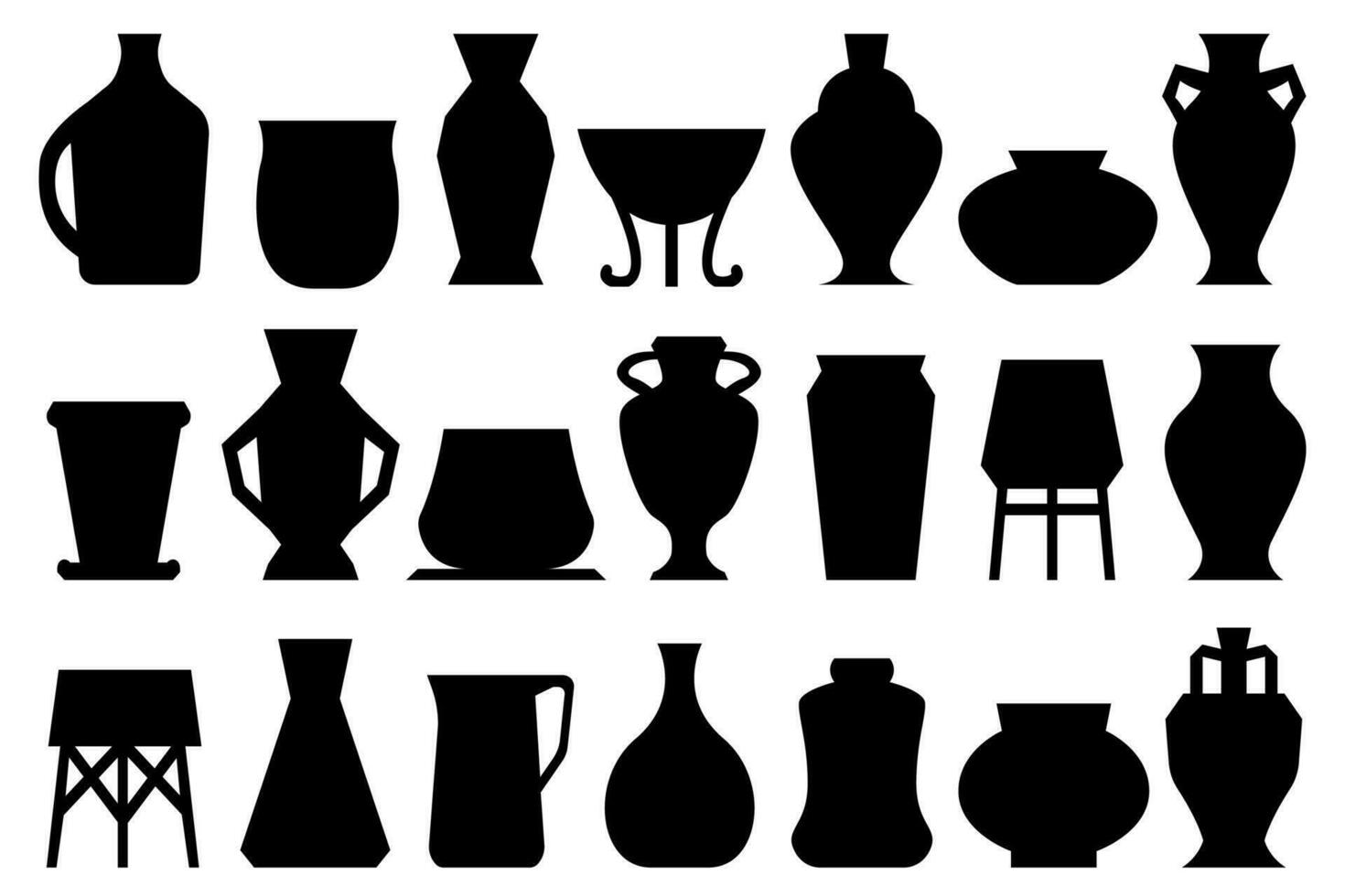 Vases vector illustrations. Pots for flowers, flat illustrations with black silhouette. Monochrome ceramic flower vases Boho style designed.