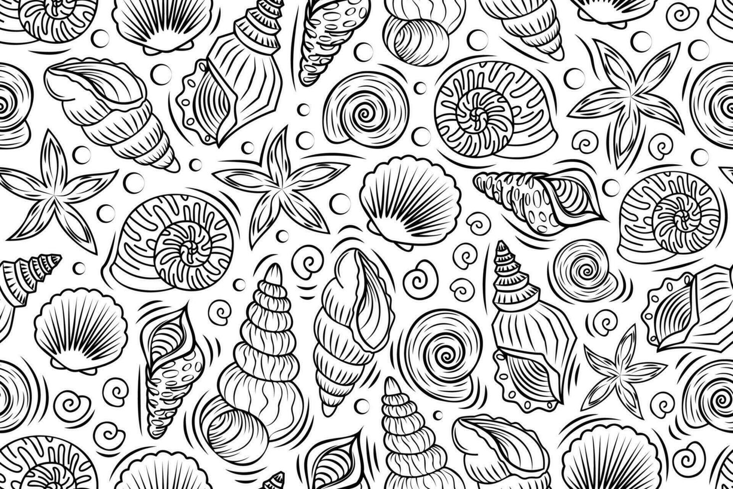 Line art seamless pattern with outline shells and mollusks. Linear illustrations with underwater creatures in black and white colors. vector