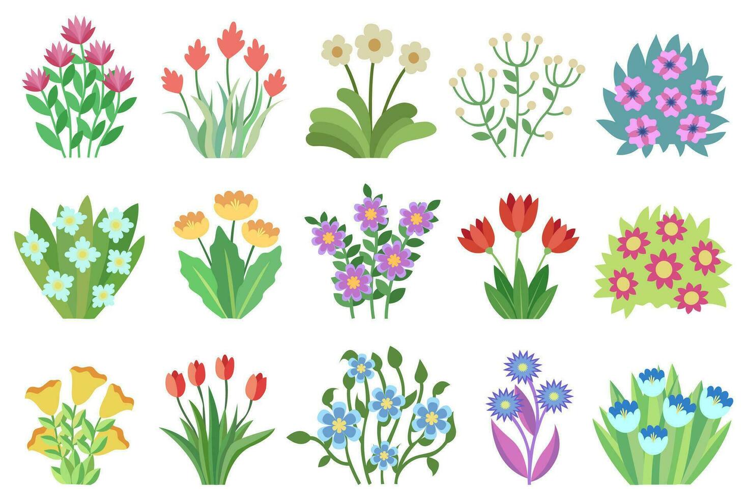 Floral bouquets set, collection of vector flat floral illustrations. Colorful flowers, decorative natural design elements.