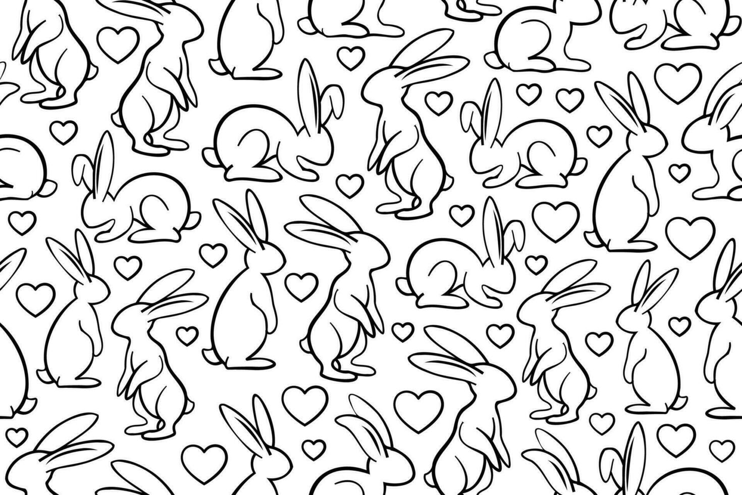 Cute and sweet pet bunnies seamless pattern. Repeating pattern with line art adorable rabbits with black thin line. vector