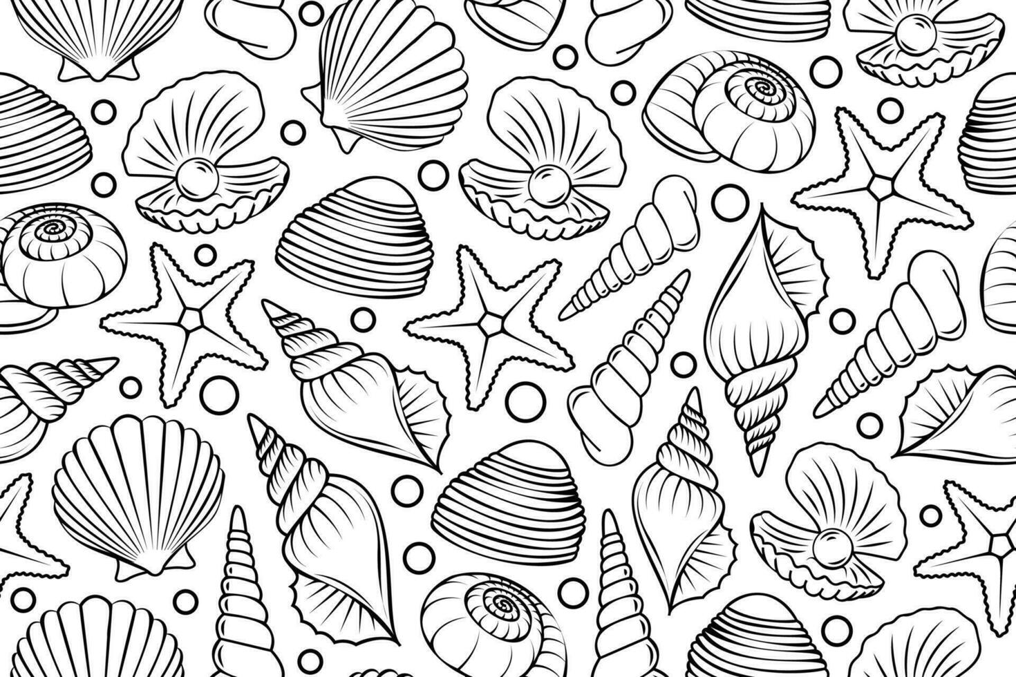Line art seamless pattern with outline shells and mollusks. Linear illustrations with underwater creatures in black and white colors. vector
