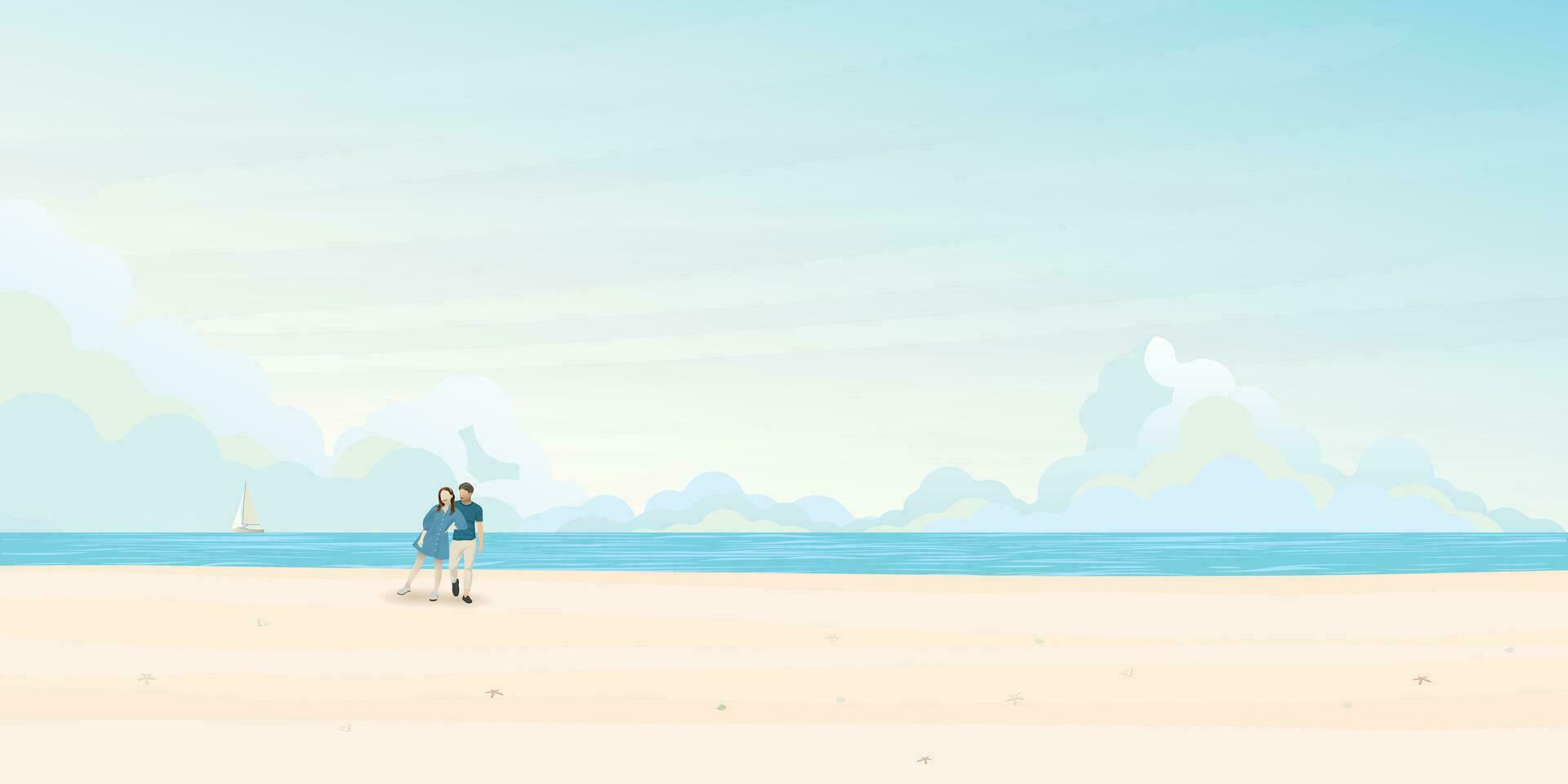 Seascape and blue sky have couple of lover on the beach flat design. Tropical beach, yacht and tourists vector illustration.