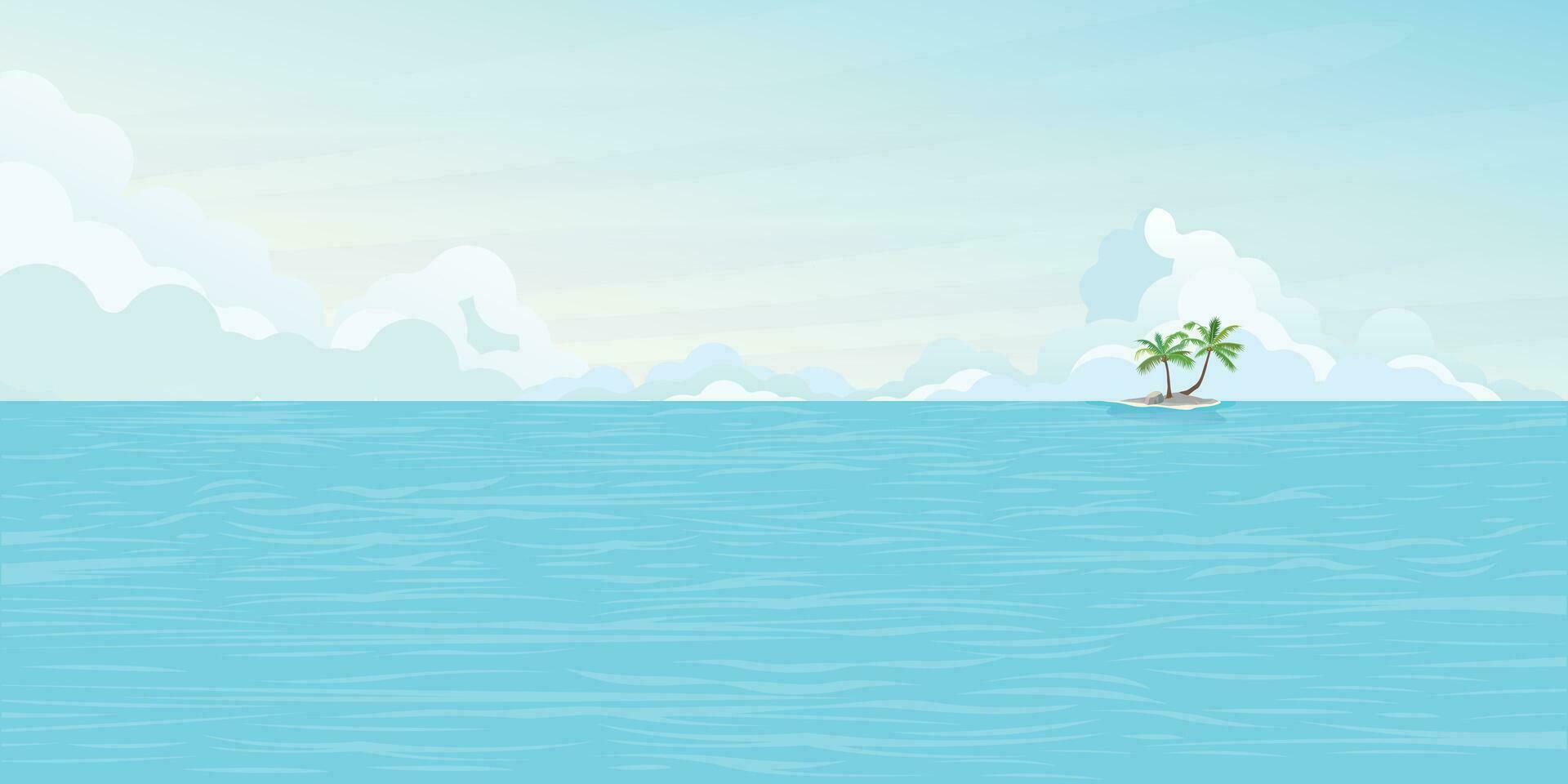 Seascape and blue sky with small island flat design. Tropical sea and tourism concept vector illustration.