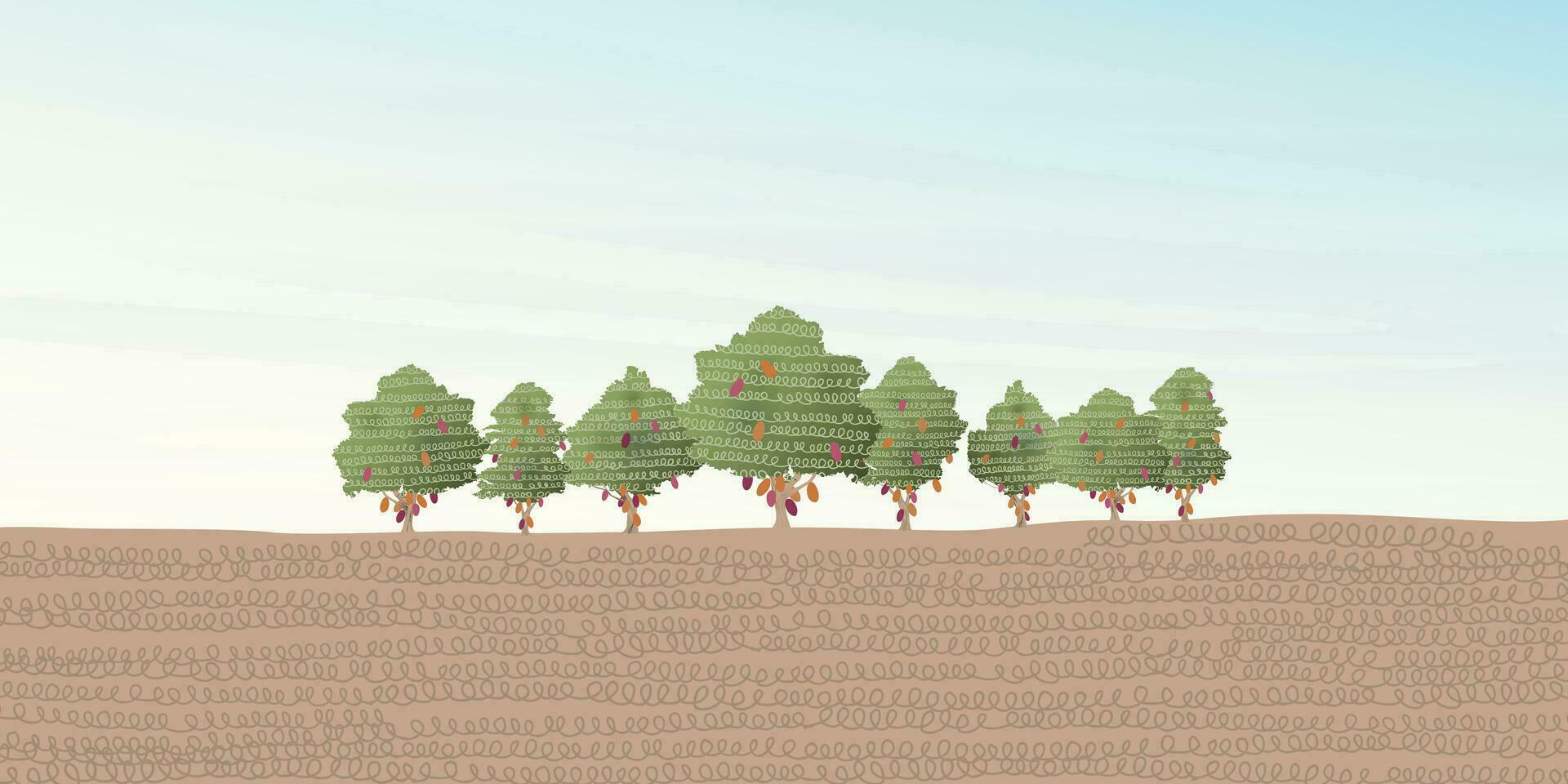 Cocoa tree landscape vector illustration with blank space. Cacao plant childish style flat design background.
