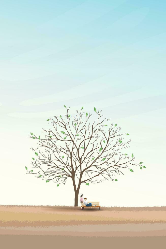 campo paisaje en primavera con Pareja de amante debajo el grande árbol tener cielo vertical antecedentes plano diseño vector ilustración.
