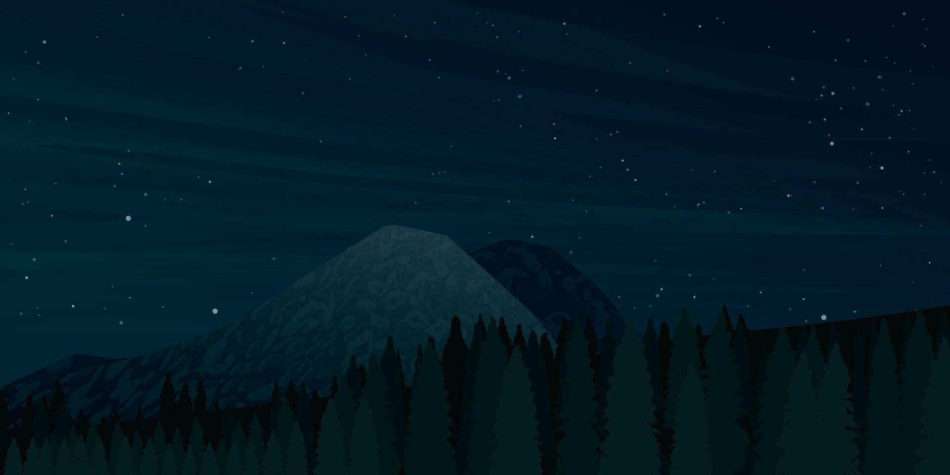 montaña paisaje a noche con pinos bosque vector ilustración.