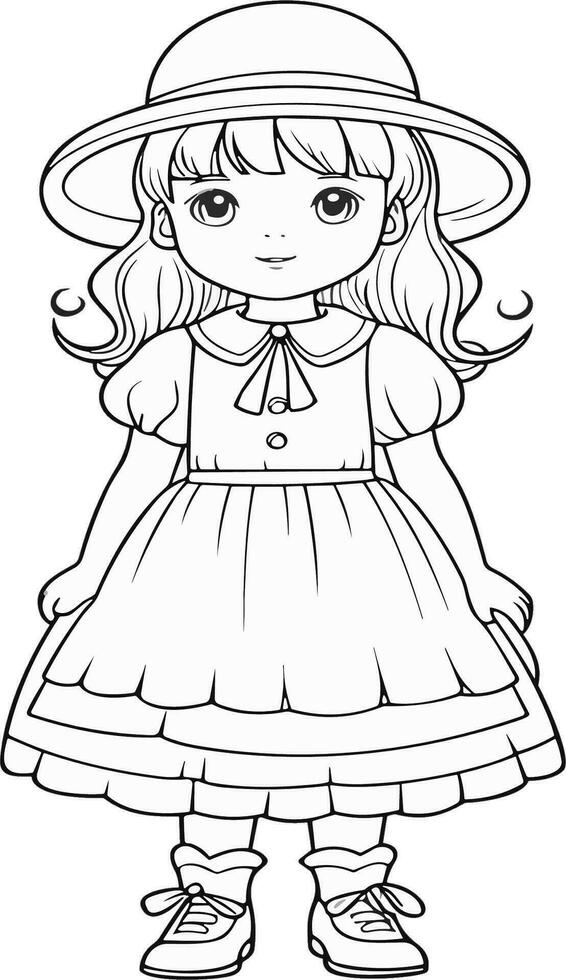 kid with sun hat coloring page vector