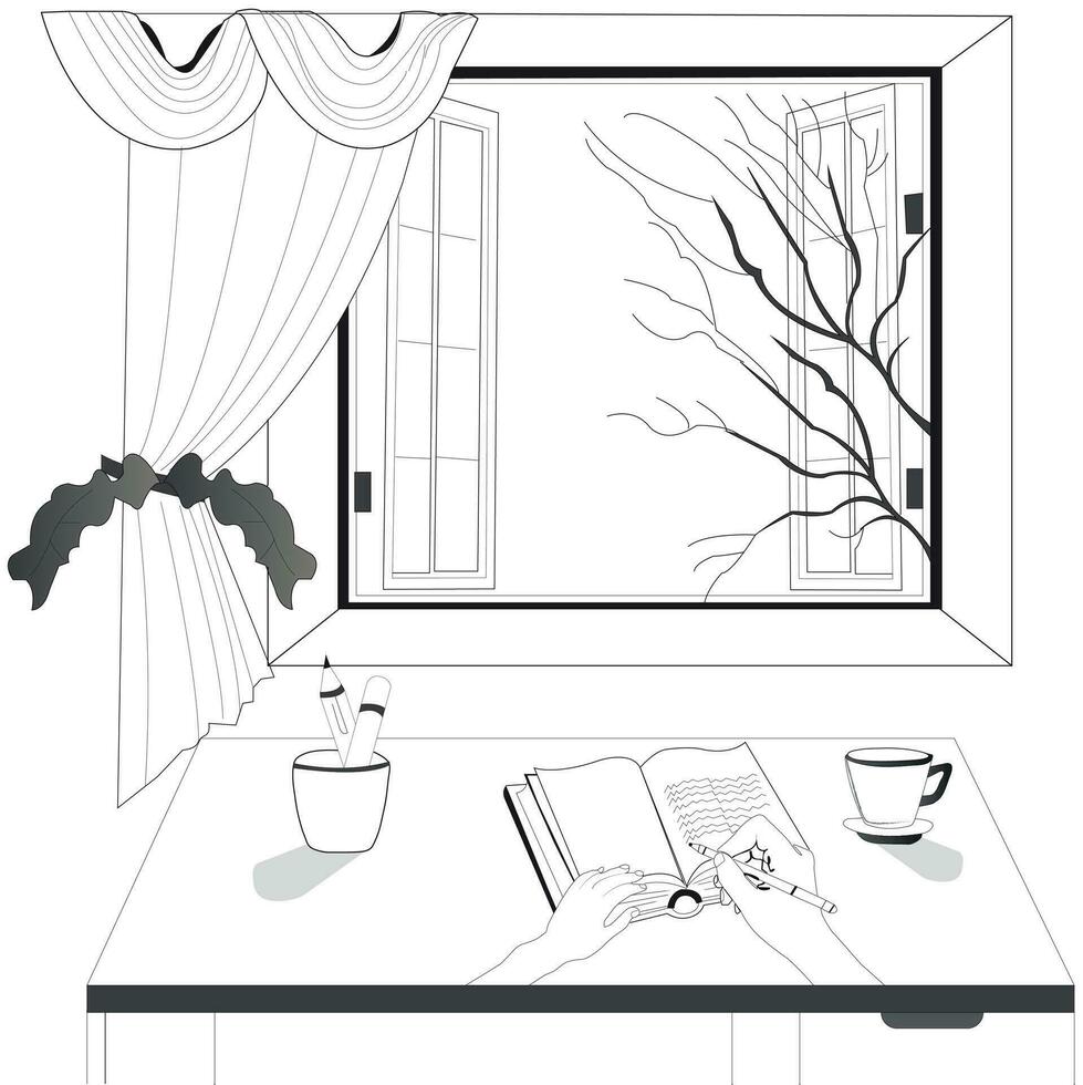 studyroom and a tree art by liner vector