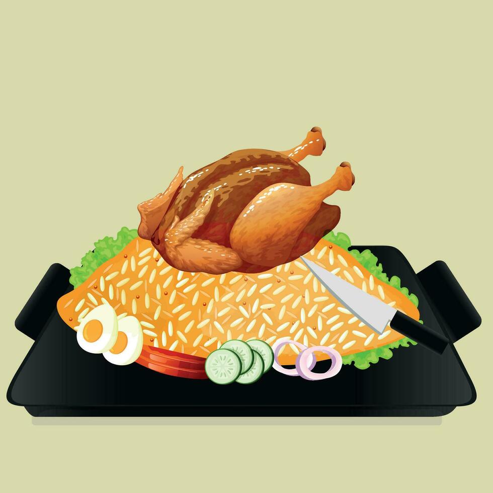 Chicken briany with egg slice ,cucumber, onion slice, tomato slice  and a beautiful decoration vector