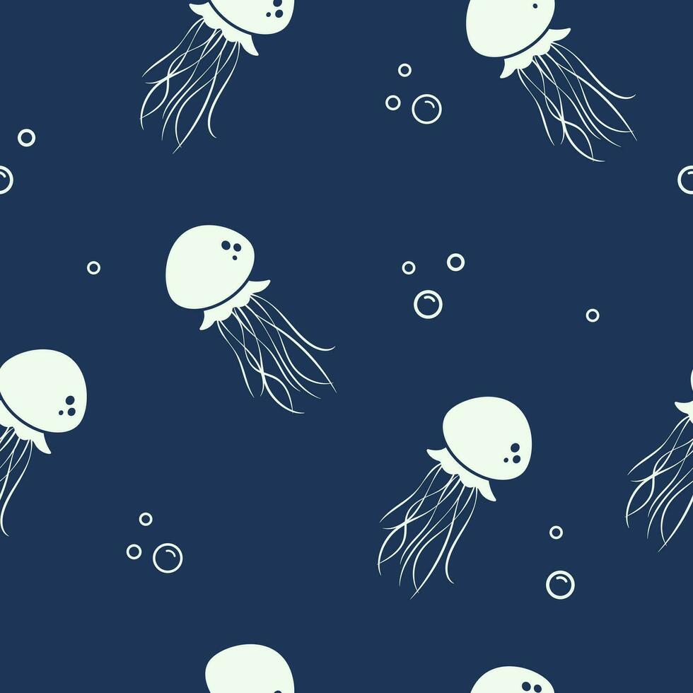 Jellyfish seamless pattern on blue background. Marine life with air bubbles . Vector illustration