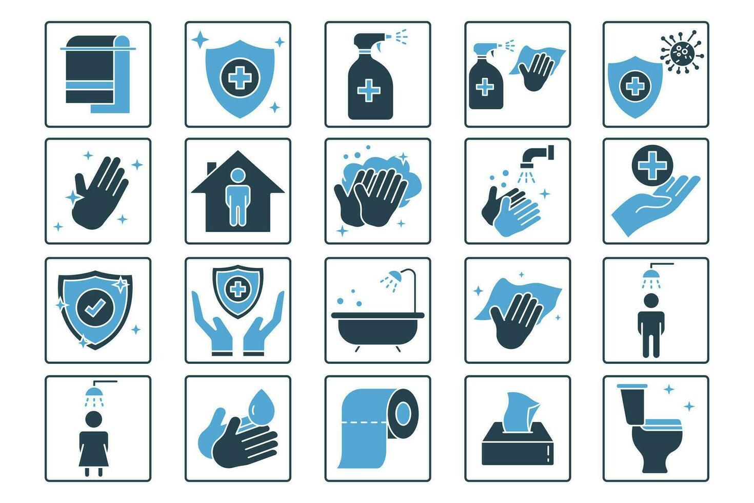 Hygiene icon set. Includes hygiene of hands, disinfection, hand washing, toilet cleaning, Cleanliness concept. Solid icon style design. Simple vector design editable