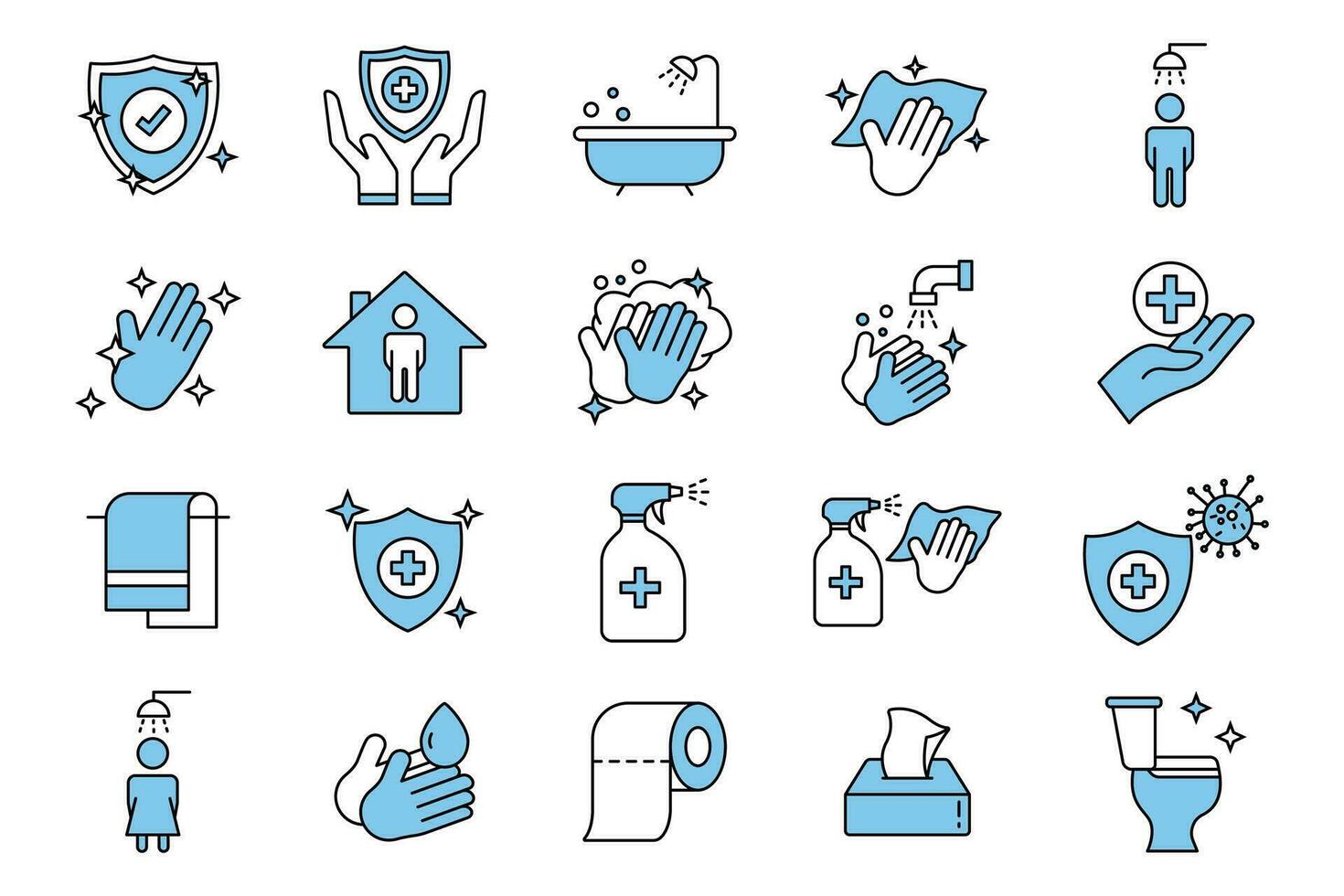 higiene icono colocar. incluye higiene de manos, desinfección, mano Lavado, baño limpieza, limpieza concepto. dos tono icono estilo diseño. sencillo vector diseño editable