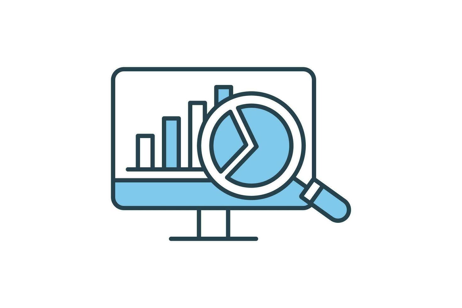 analytics data presentation icon. Computer with search and chart. icon related to digital marketing, digital analysis. Flat line icon style design. Simple vector design editable
