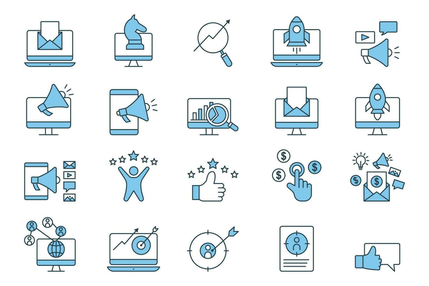 Digital marketing set icon. Contains analyst icons, email marketing, seo, marketing strategy, social marketing, feed back and others. Flat line icon style design. Simple vector design editable