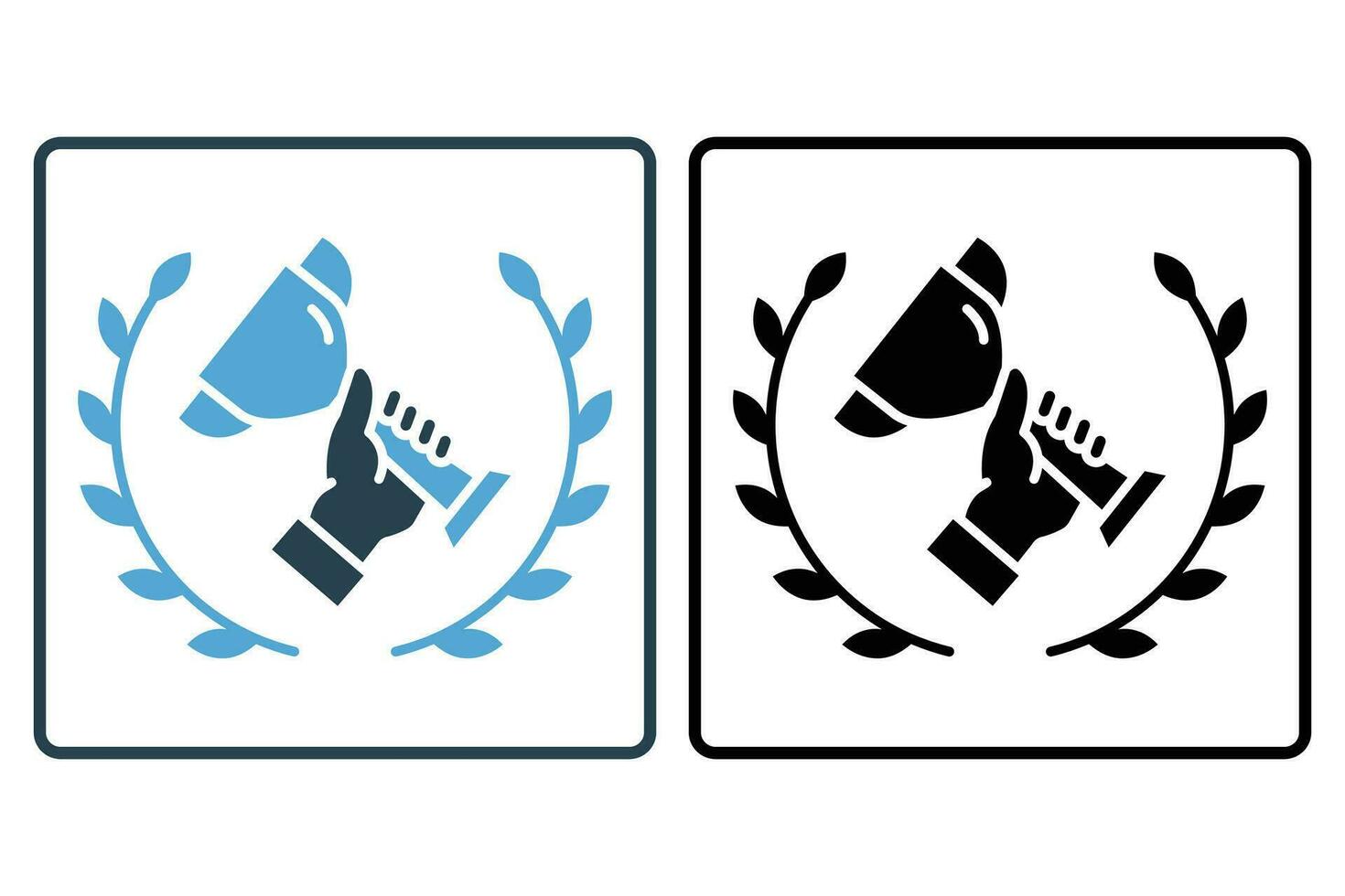 Cup trophy holding icon with laurel wreath. icon related to celebration, winner, success, reward. Solid icon style design. Simple vector design editable