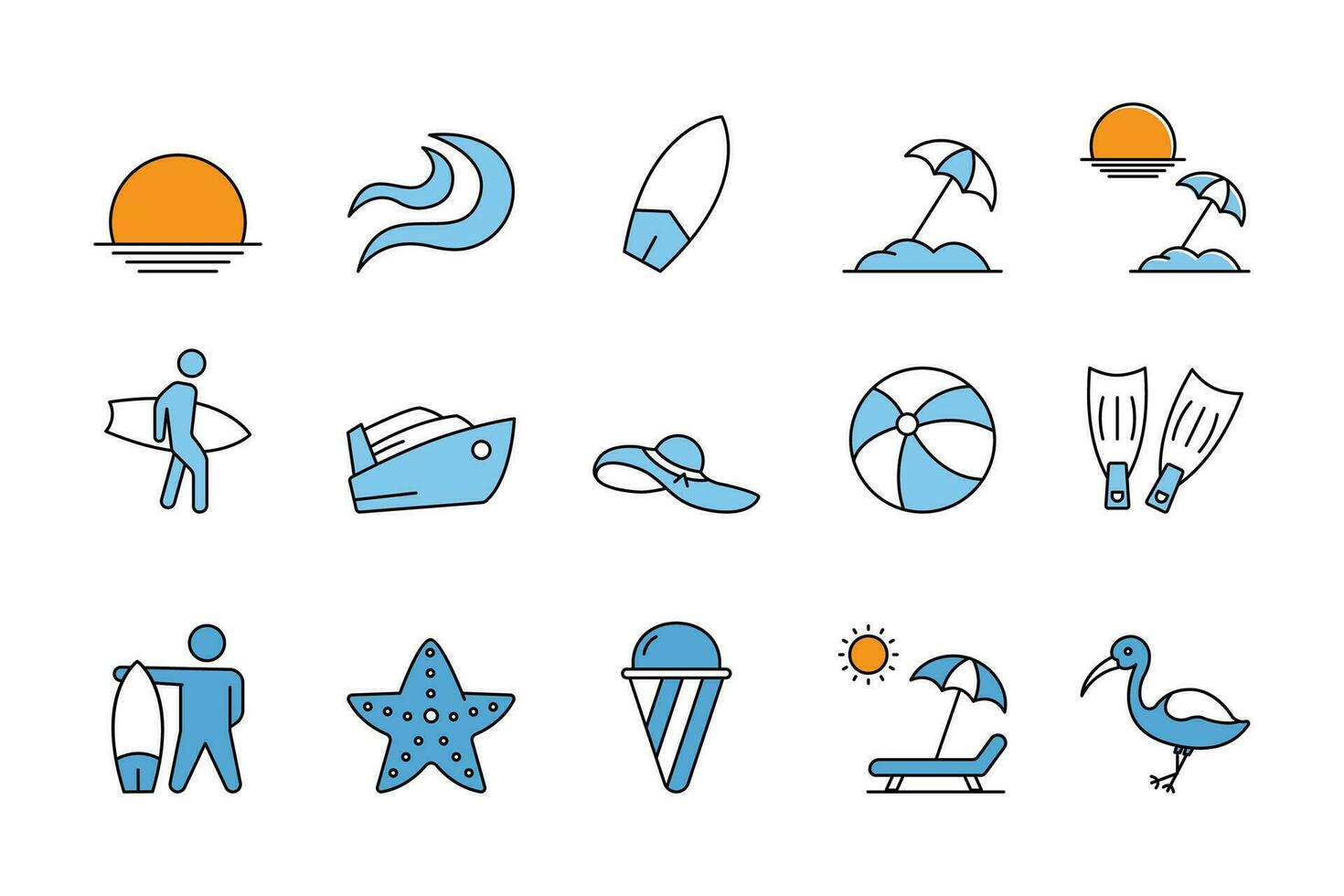 Summer set icon. Contains Sunsets icon, sunrises, waves, surfboards, beach umbrellas, surfers, sun loungers and more. Flat line icon style design. Simple vector design editable