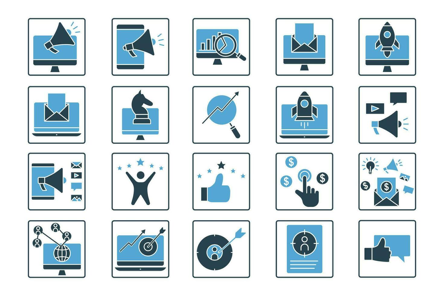 Digital marketing set icon. Contains analyst icons, email marketing, seo, marketing strategy, social marketing, feed back and others. Solid icon style design. Simple vector design editable