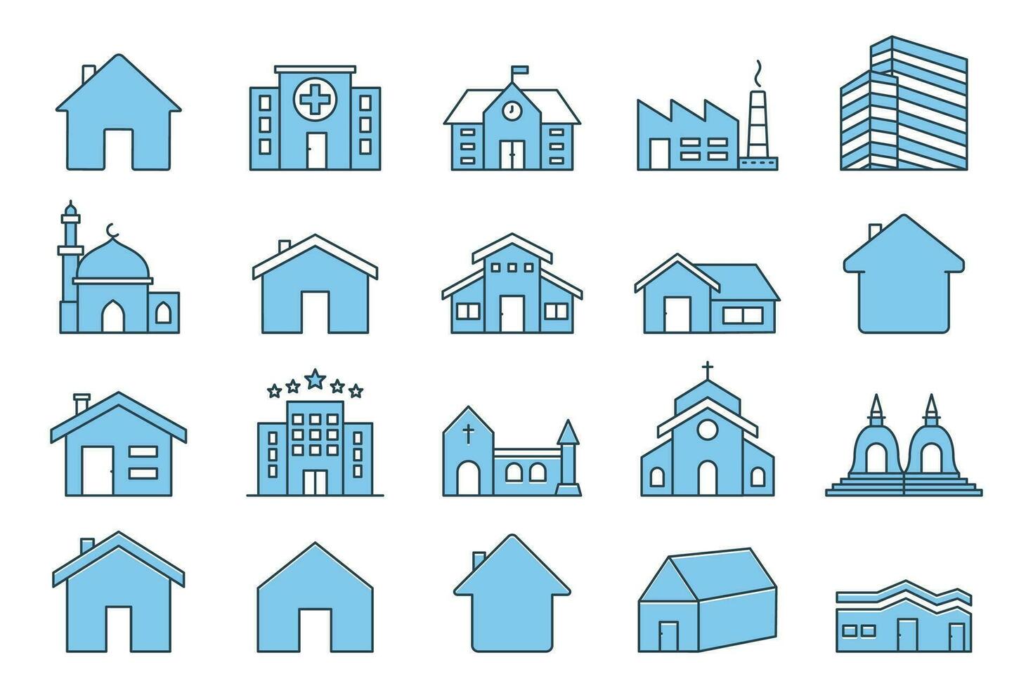 Building set icon. Contains House icon, home, hospital, office building, hotel, factory, school, mosque, church and more. Flat line icon style design. Simple vector design editable