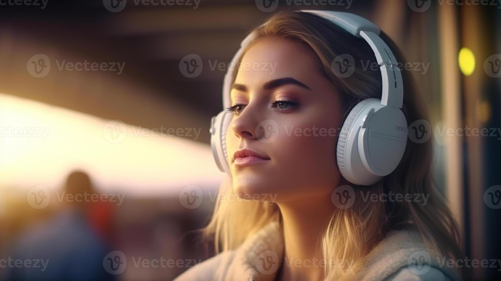 mujer con auricular. ai generativo foto