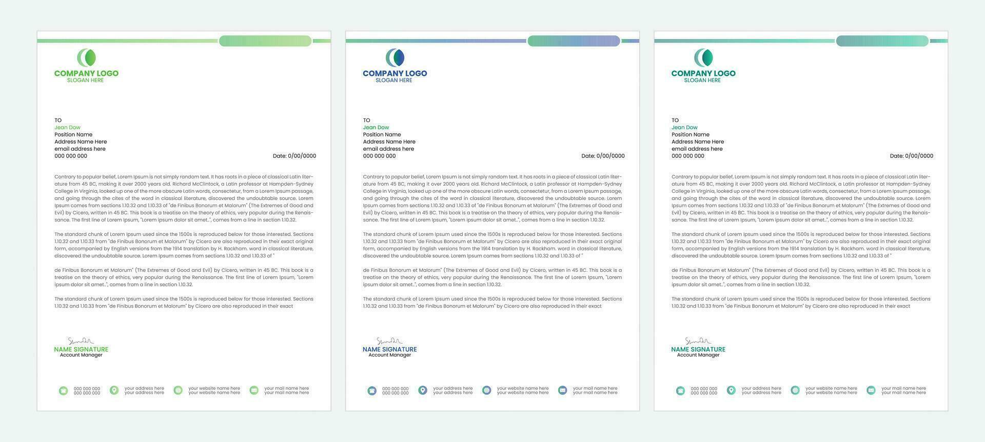 Clean and professional corporate company business letterhead template design with color variation bundle vector