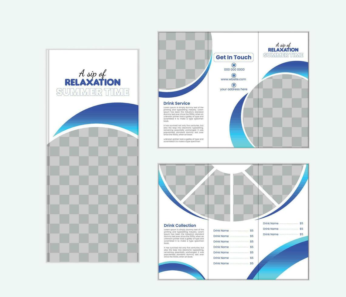 Food menu tri fold brochure template vector . Restaurant promotion poster layout design for marketing. Food menu brochure vector with photo placeholders. Pro Vector