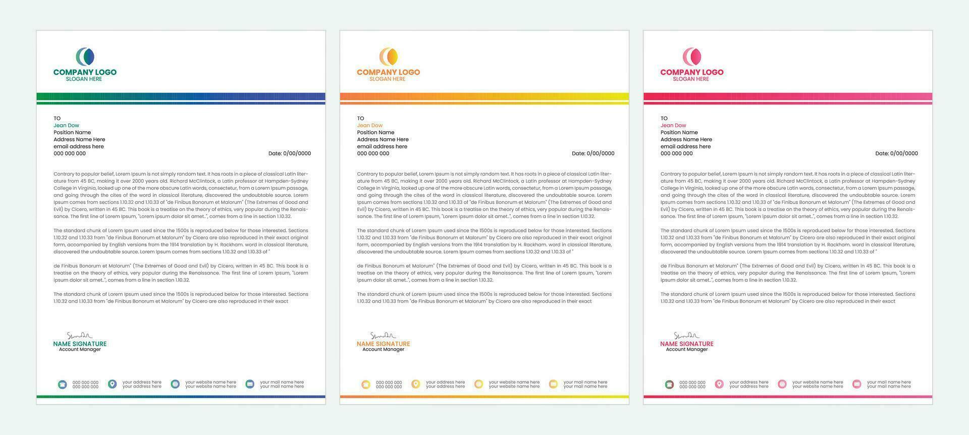 Clean and professional corporate company business letterhead template design with color variation bundle vector