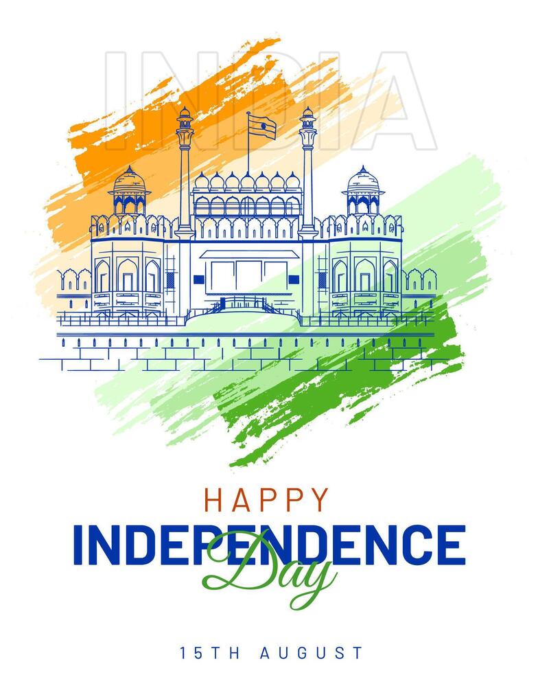 15th august indian independence day social media post design with red fort illustration, red fort outline drawing vector
