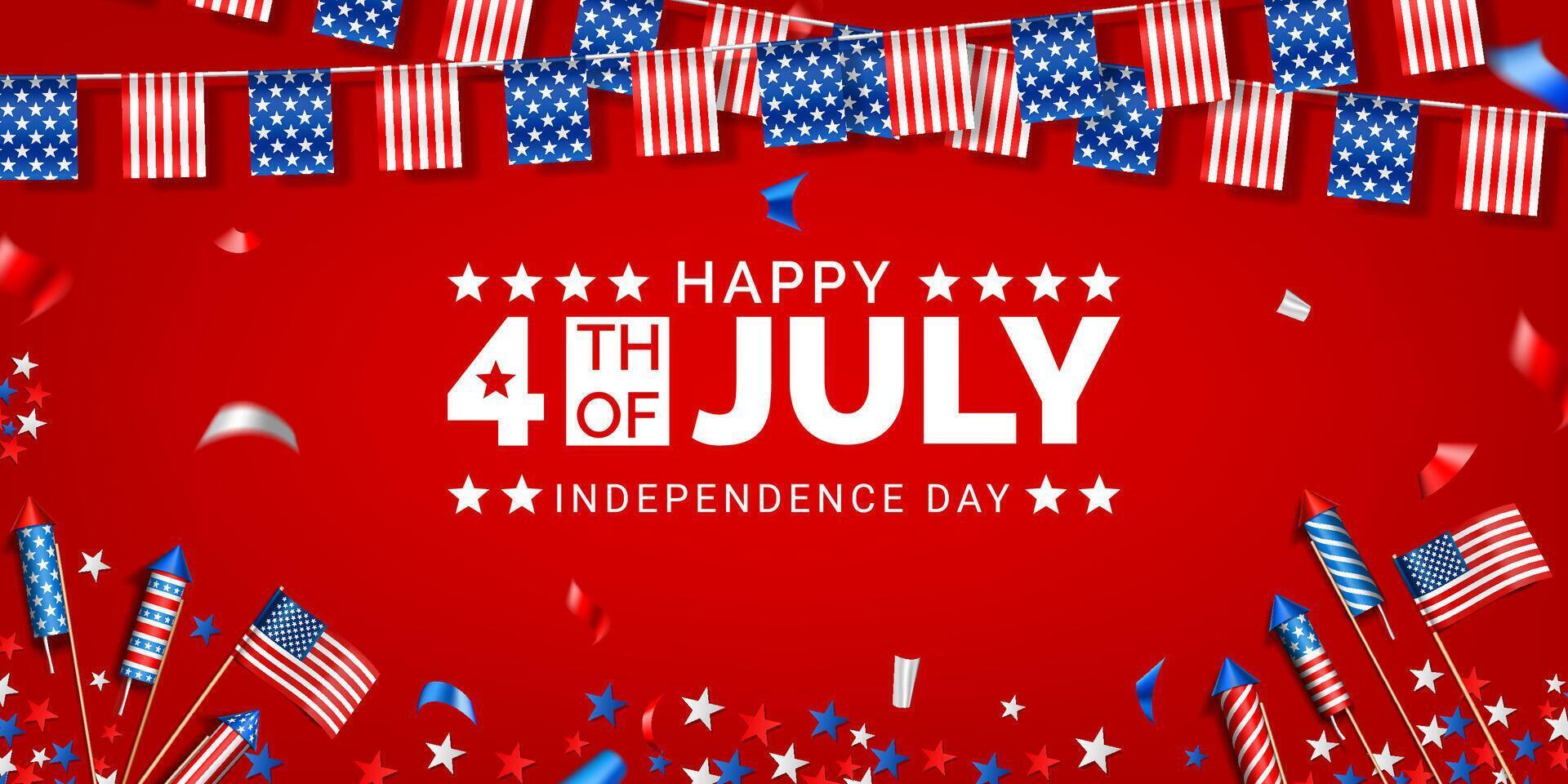 4th of july american independence day banner and social media post template design with paper flag, rocket and confetti on red background top view vector
