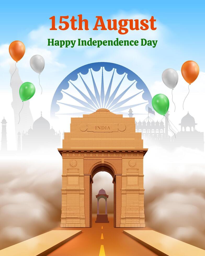 15th august happy india independence day social media post template with india gate illustration vector