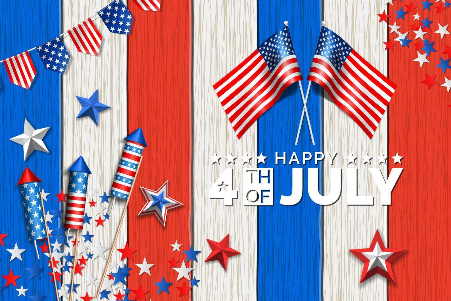 4th of july background design with american flag and rocket with wooden background vector