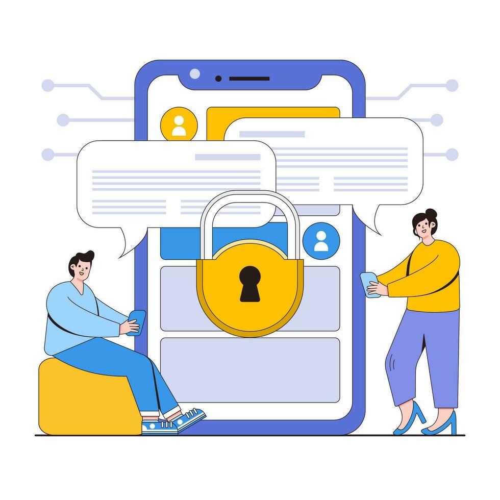 Secure communication vector illustration concept with characters. Encrypted messaging, private conversations, secure chat app. Modern flat style for landing page, web banner, infographic, hero images