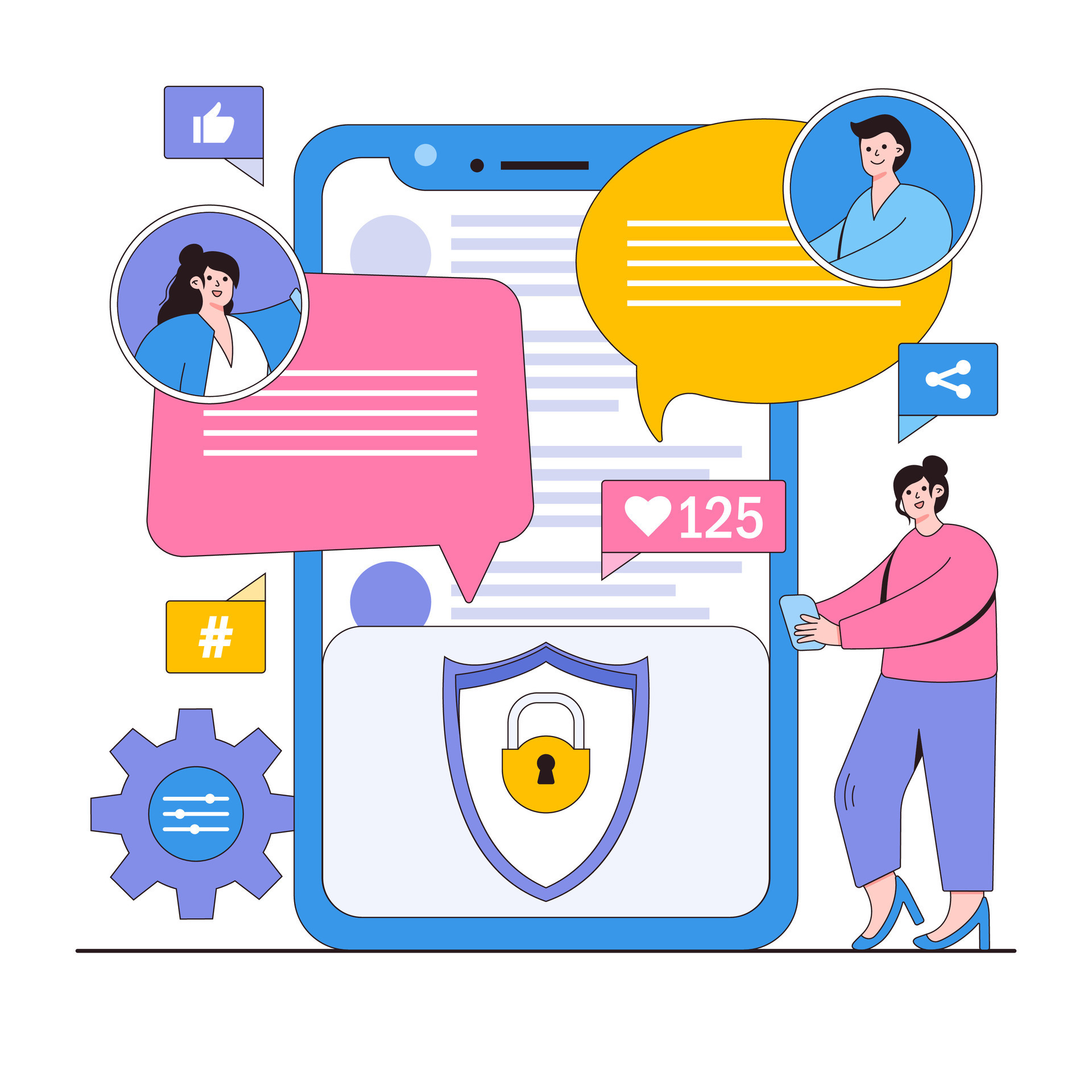 Safe social media usage vector illustration concept with characters ...
