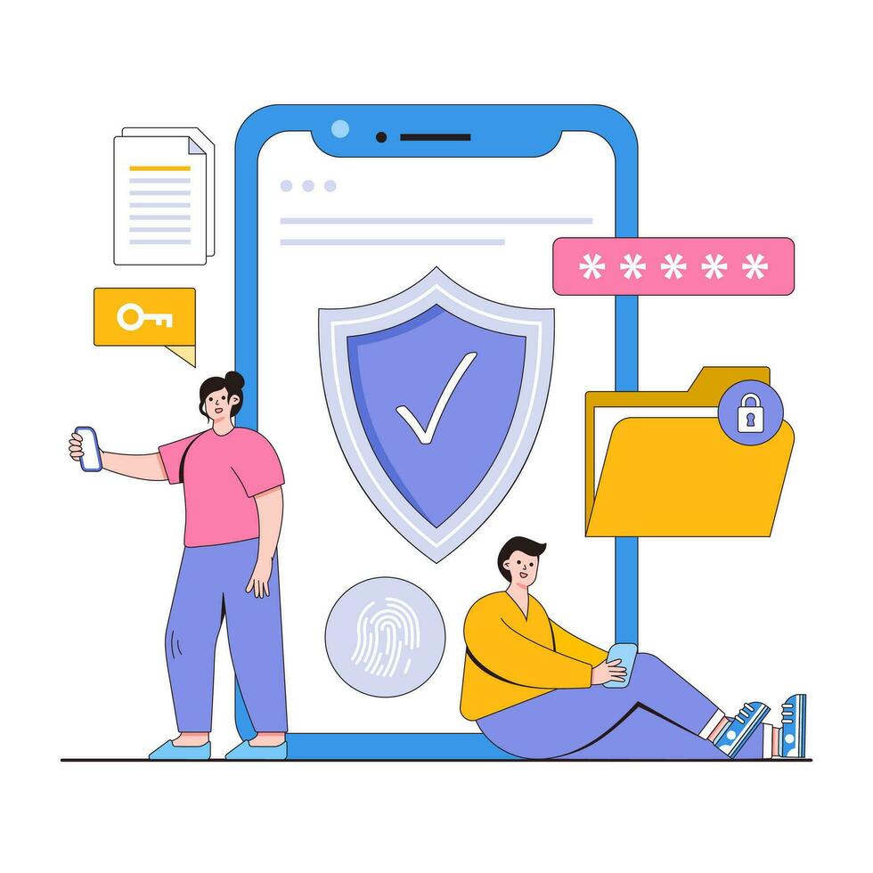 móvil aplicación seguridad vector ilustración concepto con caracteres. aplicación permisos, seguro aplicación acceso, móvil dispositivo seguridad. moderno plano estilo para aterrizaje página, web bandera, infografía, héroe imágenes