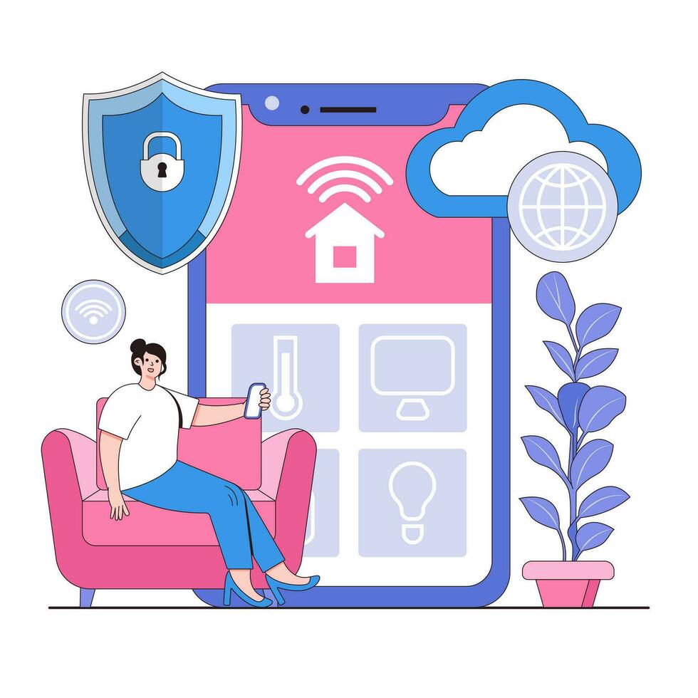 iot seguridad vector ilustración concepto con caracteres. seguro inteligente dispositivos, conectado hogar seguridad, Internet de cosas proteccion. moderno plano estilo para aterrizaje página, web bandera, infografia